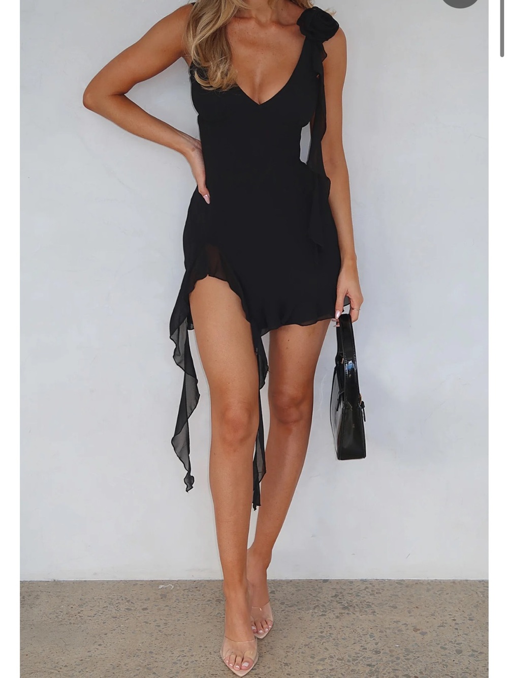 White Fox Boutique Black V-Neck Mini Dress with Rosette Shoulder - Picture 4 of 4